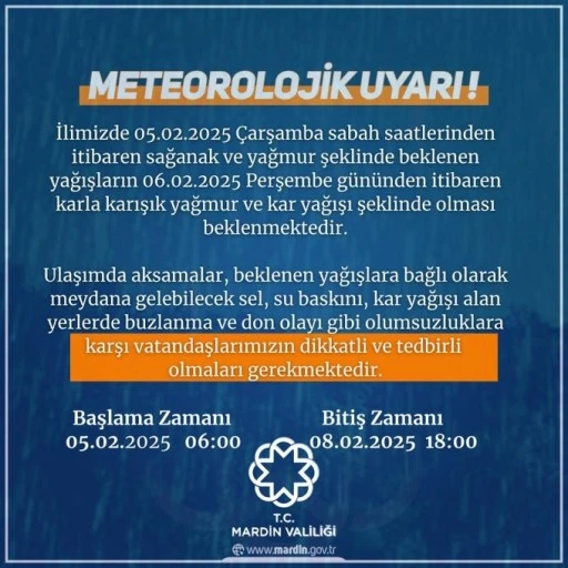 Mardin Valiliğinden Meteorolojik Uyarı